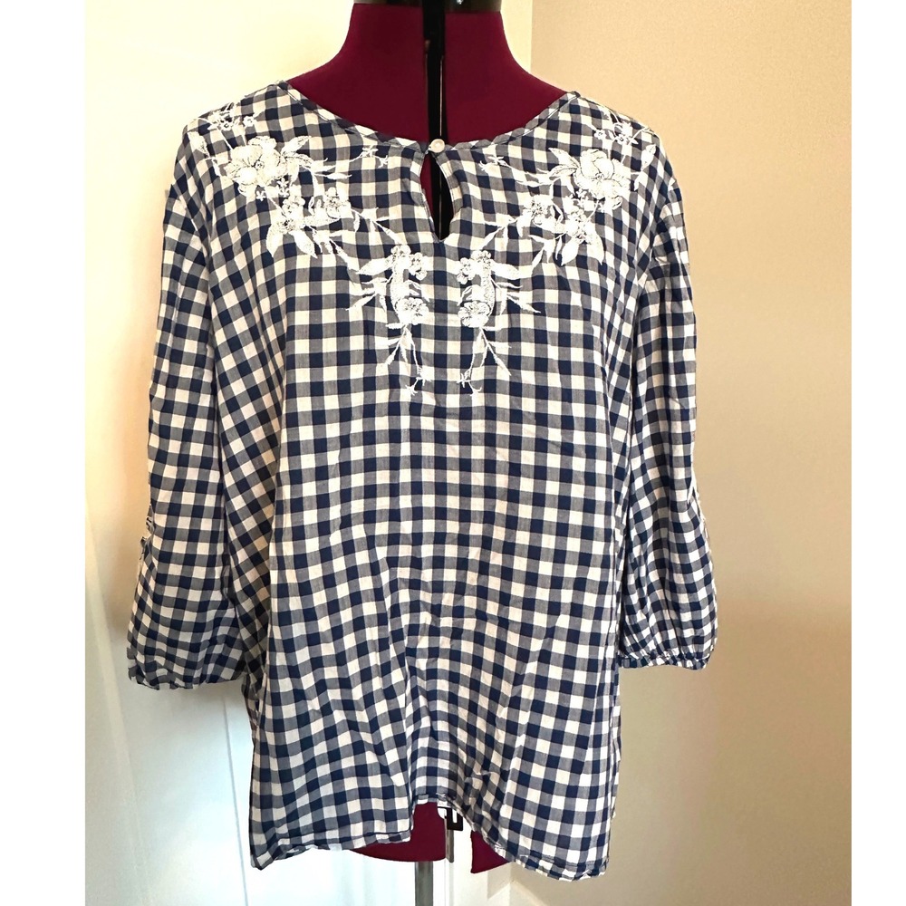 Liz Claiborne Blue Gingham Embroidered Cotton Blouse XL Peplum/Floral/Country - Picture 1 of 6